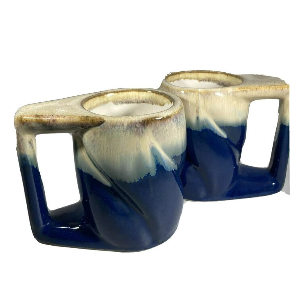 Rodolfo Padilla‎ Pottery Mexico Drip Stoneware Blue Beige Mugs Set of 2